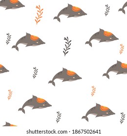 Seamless pattern with dolphins in scandinavian style. Hand drawing vector illustration.