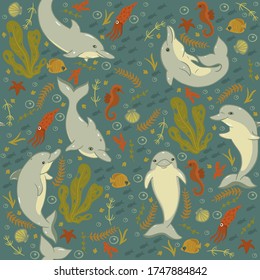 Seamless pattern with dolphins and sea animals. Vector graphics.