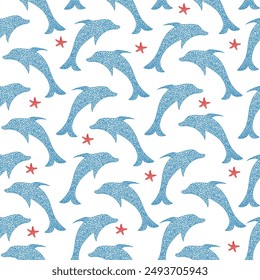 Seamless pattern with dolphins and sea star, starfiish design in children's drawn style, for fabric, wallpaper, packaging paper and more.