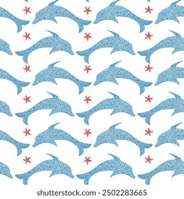 Patrón sin fisuras con delfines y estrellas de mar, diseño en estilo dibujado para niños.