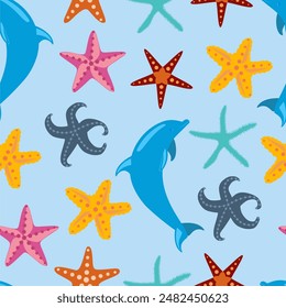 Seamless pattern with dolphins and seastars. Nautical children's pattern. Vector art