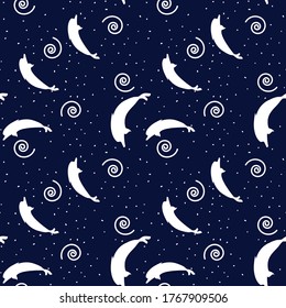 patrón impecable con siluetas de delfines sobre fondo azul oscuro. Vector
