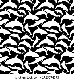 Seamless pattern, dolphins silhouettes, wallpaper and fabric ornament, wrapping paper, background for design