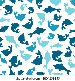 Seamless pattern with dolphins. Small and big dolphins in one pattern. Vector illustration