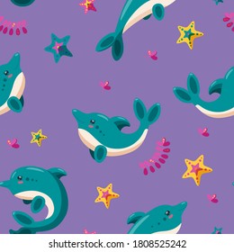 Seamless pattern with dolphins, starfish and seaweed. Pattern for backgrounds, wallpapers and textile. Cartoon vector illustration in purple backround.