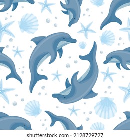 Seamless pattern with dolphins, starfish and shells. Cartoon vector graphics.