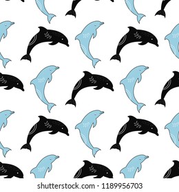 Seamless pattern with dolphins. Summer marine background. Blue dolphins wallpaper. Seamless background