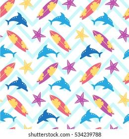 Seamless pattern with dolphins and surfing boards. Summer Hawaii Theme