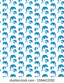 Seamless pattern with Dolphins that swim, jump on the waves, splashing water. Cute Marine pattern for fabric, baby clothes, background, textile, wrapping paper and other decoration.Vector illustration