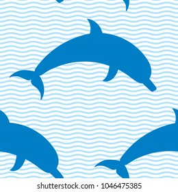 Seamless pattern with dolphins and waves.