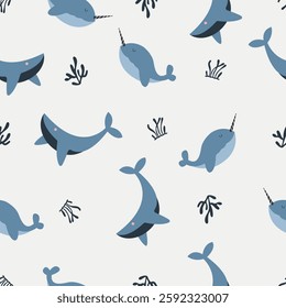 Seamless pattern with dolphins and whales.