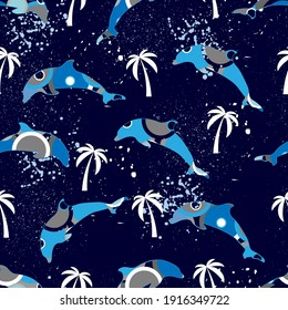 Seamless pattern with dolphins and white palms on dark blue background.