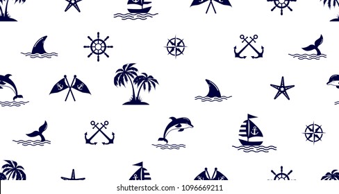 Seamless pattern with Dolphin,sailing, anchor and starfish.Cute Marine pattern for fabric, baby clothes, background, textile,wrapping paper and other decoration.Vector illustration