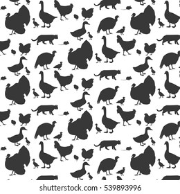Seamless pattern with domestic animals and birds. Black silhouettes on white background. 