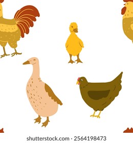 Seamless pattern with domestic animals, han, duck, peacock isolated.