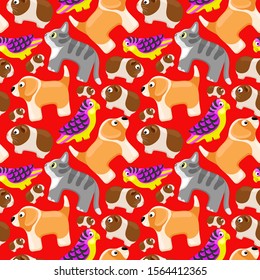 Seamless pattern with domestic animals on a red background.