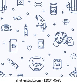 Seamless pattern with domestic animals and pet shop goods for care, nutrition, treatment on light background. Monochrome vector illustration in modern line art style for wrapping paper, textile print.