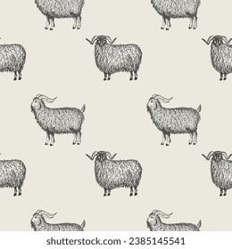 Seamless pattern with domestic animals ram and goat hand drawn with engraving vector illustration. Repeating cute background with horned goats and sheep for print, fabric, packaging, wrapping, paper