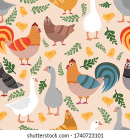 Seamless pattern with domestic birds. Roosters, hens, chickens and geese in fowl-run.