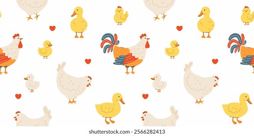 Seamless pattern with domestic birds and their babies. Hens and chicks, ducks and ducklings, rooster. Flat vector illustration.