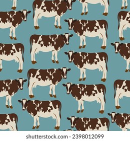 seamless pattern with domestic cow in vector.domestic cattle, farm animal giving milk. For background, wallpaper, textile, print, wrapping. A series of animal images in flat style