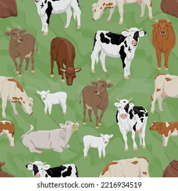 Seamless pattern with Domestic cows and calves in different poses. Bulls, cows and calves stand, eat and lie down. Farm realistic vector animals