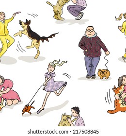 Seamless pattern with domestic dogs and their owners