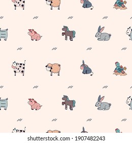 Seamless Pattern With Domestic Farm Barnyard Animals And Birds Vector Illustration. Backdrop With Livestock And Fowl. Cartoon Hand Drawn Illustration For Wrapping Paper, Textile Print. Cute Pets