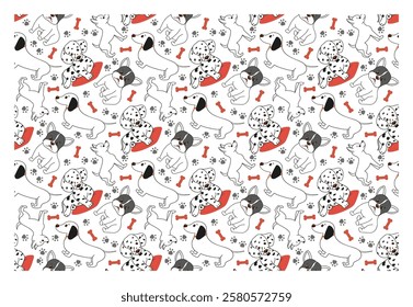 Seamless pattern with domestic funny animals - characters with happy faces. Vector set.