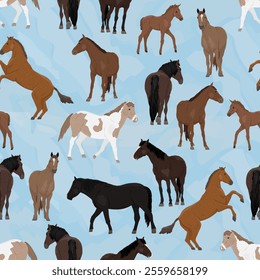 Seamless pattern with domestic horses and their foals. Horses of different colors walk, stand and rear. Realistic vector animal