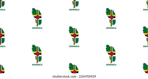 Seamless pattern of DOMINICA country map in DOMINICA flag colors. With the caption of the name of the country "DOMINICA".