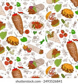 Seamless pattern of Doner Kebab. Concept of shawarma, street food, barbecue, cuisine. Vintage design template, banner. Fresh vegetables. Packaging background. Vector hand drawn Illustration.