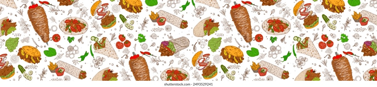 Seamless pattern of Doner Kebab. Concept of shawarma, street food, barbecue, cuisine. Vintage design template, banner. Fresh vegetables. Packaging background. Vector hand drawn Illustration.