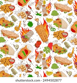 Seamless pattern of Doner Kebab. Concept of shawarma, street food, barbecue, cuisine. Vintage design template, banner. Fresh vegetables. Packaging background. Vector hand drawn Illustration.