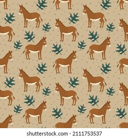 seamless pattern donkey animal leaf on brown background vector wallpaper textile giftwrap