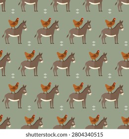 seamless pattern donkey chicken bird animal farm on green background vector wallpaper textile giftwrap fabric