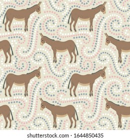 Seamless pattern of donkey with ethnic ornament elements. Repeatable textile vector print, wallpaper design.