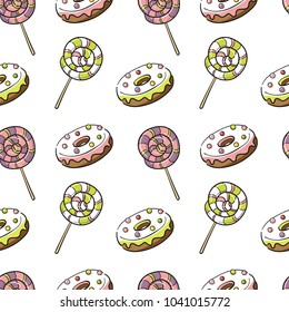 Seamless pattern with donut ad lollipop. Sweet dessert pattern for wrapping paper ond textile, fabric