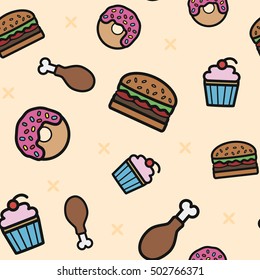 Seamless pattern with donut, cake, burger and chicken leg.