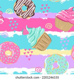 Seamless pattern with donut and cake on stripes background. Pattern for textile, fabric, stationery, clothes, Web and other design.