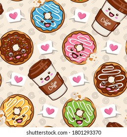 Seamless Pattern Donut And Coffee Cup Cute Cartoon Illustration