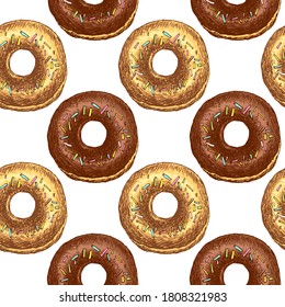Patrón sin foco con Donut con acristalamiento de color. Producto de panadería. Para imprimir papel envolvente, embalaje, tela. Diseño de estilo vintage. Ilustración vectorial dibujada a mano.