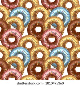 Patrón sin foco con Donut con acristalamiento de color. Producto de panadería. Para imprimir papel envolvente, embalaje, tela. Diseño de estilo vintage. Ilustración vectorial dibujada a mano.