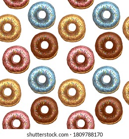 Seamless Pattern with Donut with colorful glaze. Bakery product. For printing wrapping paper, packaging, fabric. Vintage style design. Hand Drawn vector illustration.