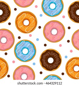  seamless pattern donut consisting of chocolate, strawberry, orange in flat style. For packing paper, a background for the websites of candy stores, booklets, leaflets, flyers on delivery of donuts.