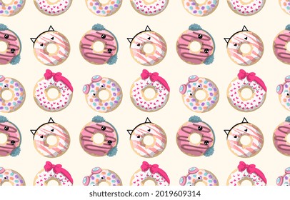 Seamless Pattern with Donut. Cool sweets with kawaii emotions, headphones and bows. Print for covers, postcards and clothing. Cartoon modern flat vector illustration isolated on pink background