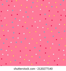 Seamless pattern of donut glaze with many decorative sprinkles. Vector illustration on pink background.