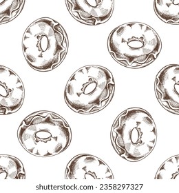 Seamless pattern of donut. Hand drawn doughnut sketch. Vintage illustration. Pastry sweets, dessert. Element for the design of labels, packaging and postcards.