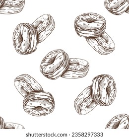 Nahtloses Gesichtsmuster der Donut. Handgezeichnete Kragenskizze. Vintage-Illustration. Konditorsüßen, Nachtisch. Element für die Gestaltung von Etiketten, Verpackungen und Postkarten.