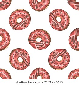 Seamless pattern of donut. Hand drawn doughnut sketch. Vintage illustration. Pastry sweets, dessert. Element for the design of labels, packaging and postcards.